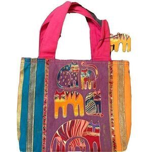 Laurel Burch Tote Feline Cats Hot Pink‎ purple Cats Small Purse 11x8 Artsy